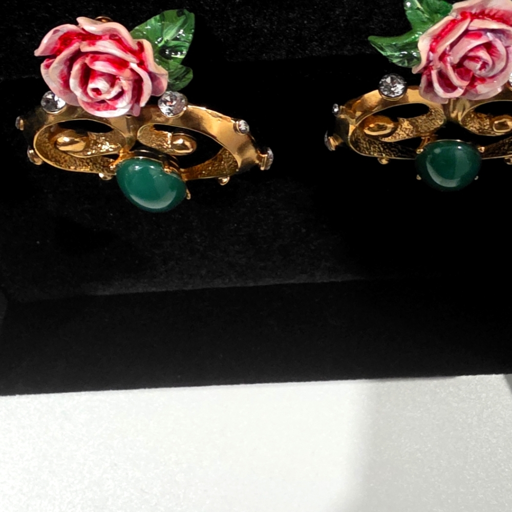 Dolce & Gabbana Gold Earrings with Green and Pink Floral Design - Picture 4 of 5